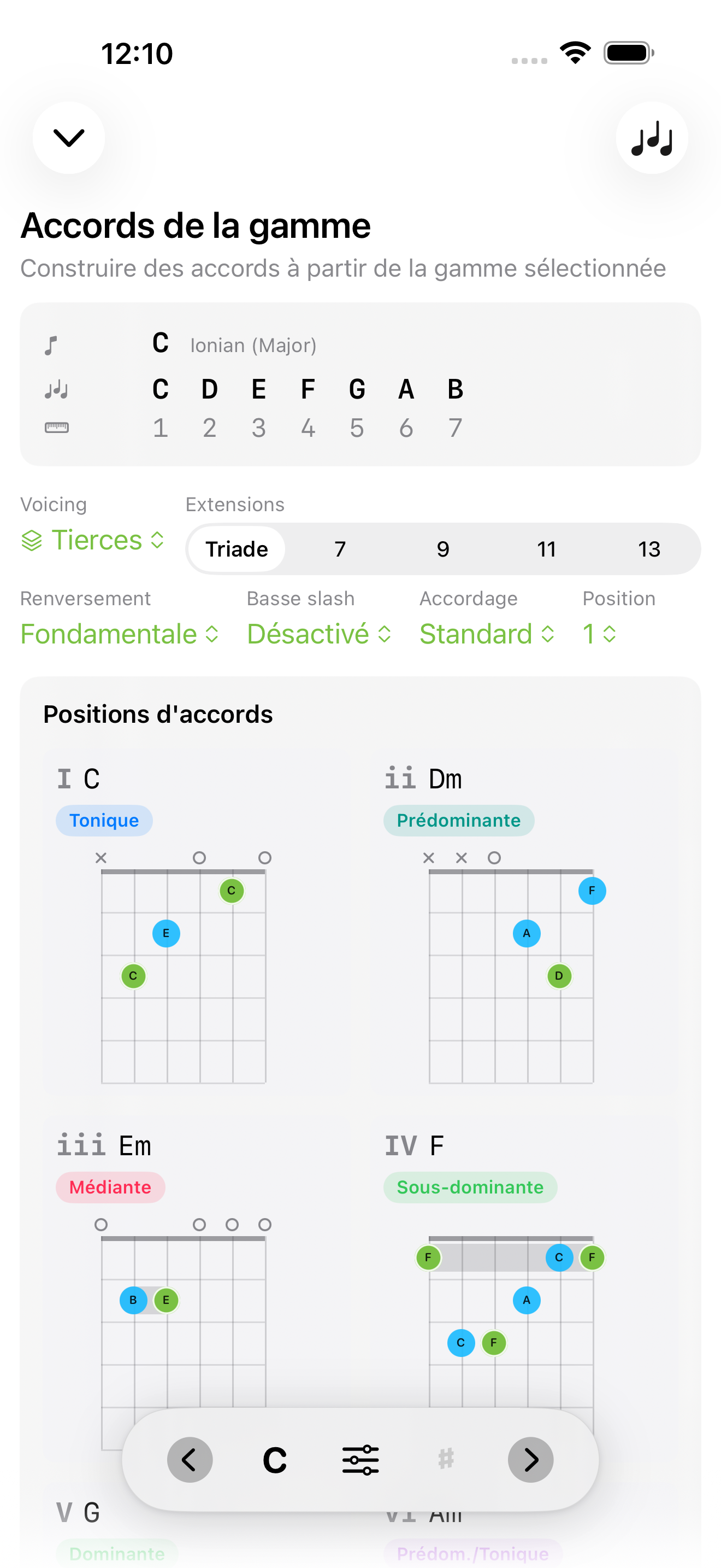 Écran des accords de gamme sur iPhone